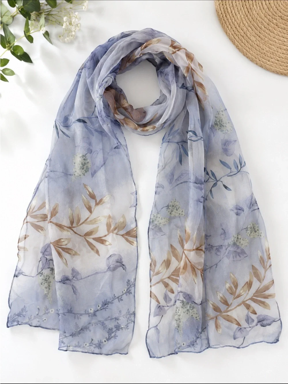 Halston Sheer Silk Floral Scarf 36x13 Blue Lavender Flowers Oblong Rectangle